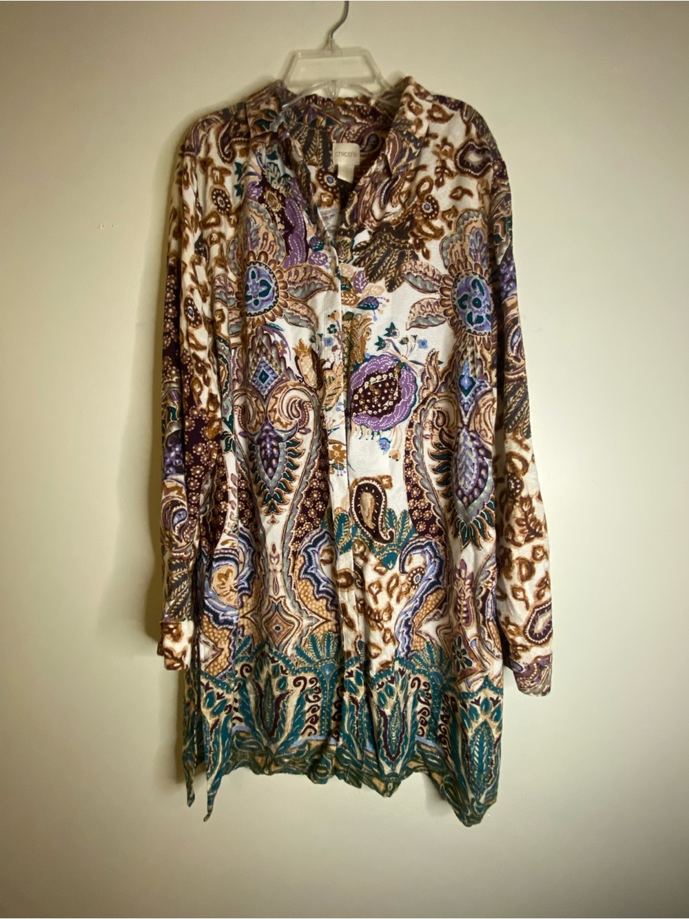 Chico's Paisley Long Sleeve Tunic Dress in Purple, Teal, and Brown